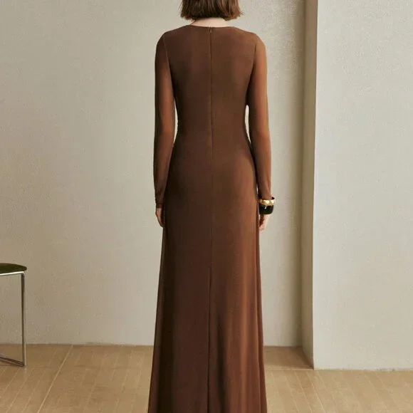 Coffee Brown Elegant Women's Long Dress - Picture 2 of 8